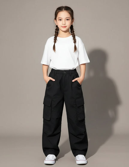 Pantalon Cargo Noir Ample Multipoches Enfant Tendance - Toile