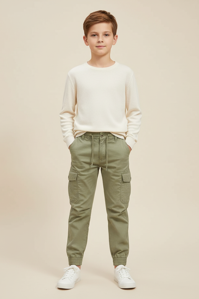 Pantalon Cargo Vert Kaki Coton Décontracté Multipoches Enfant