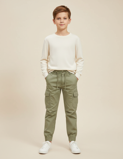 Pantalon Cargo Vert Kaki Coton Décontracté Multipoches Enfant