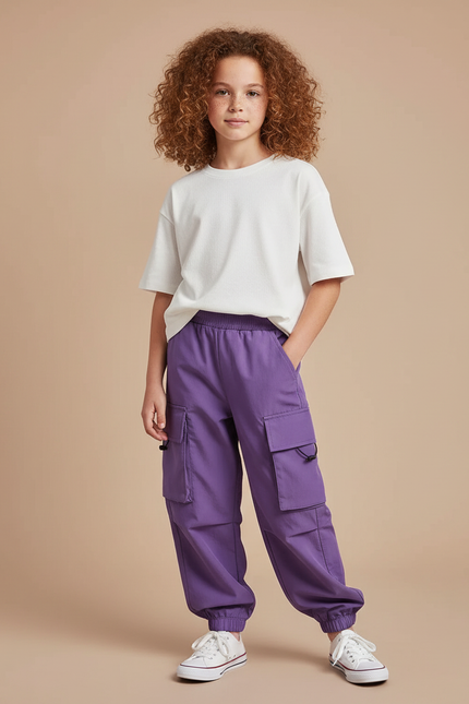 Pantalon Cargo Violet Ample Fille Décontracté Poches - Polyester