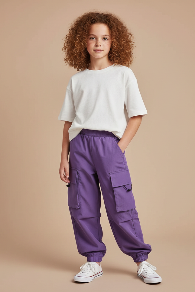 Pantalon Cargo Violet Ample Fille Décontracté Poches - Polyester