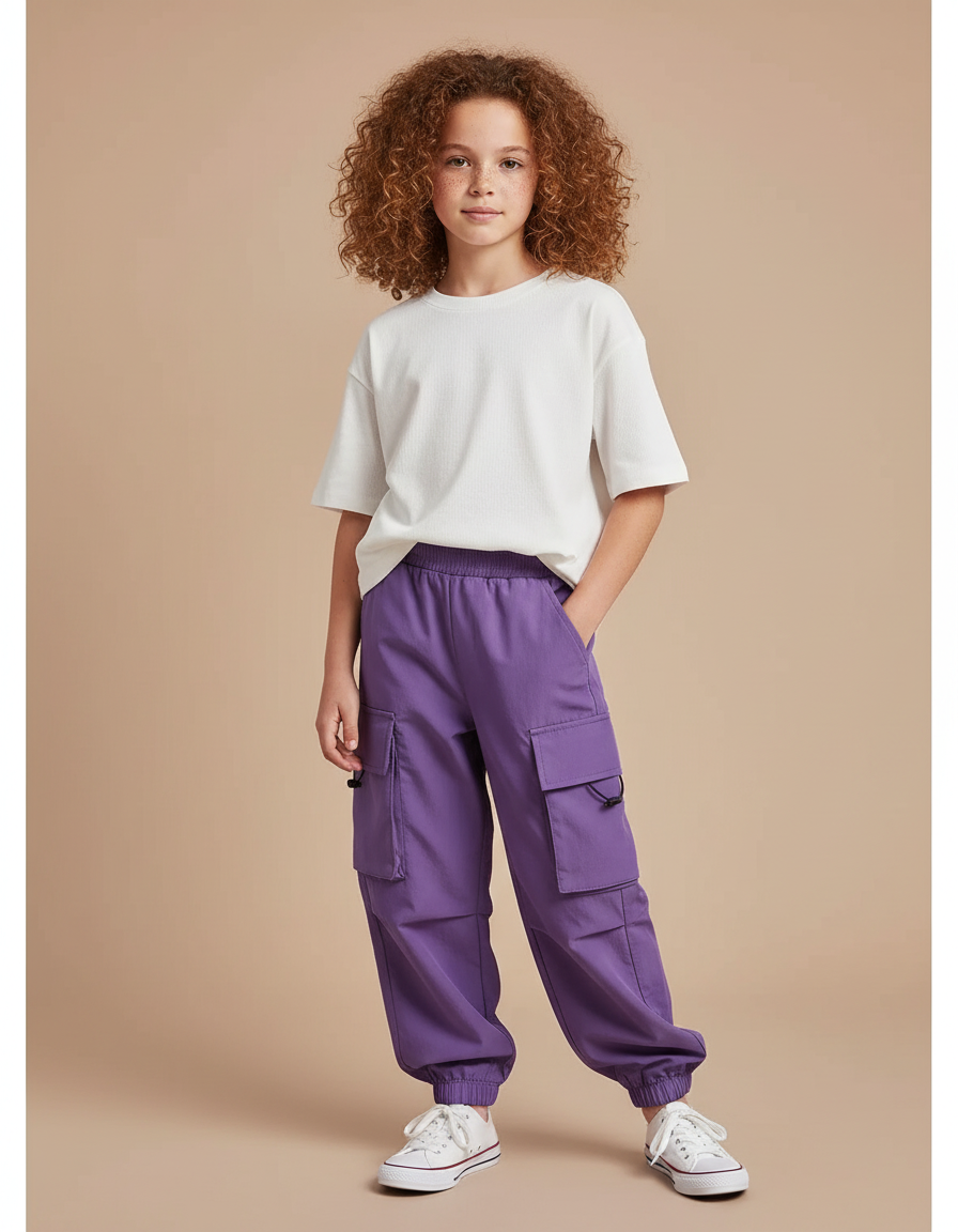 Pantalon Cargo Violet Ample Fille Décontracté Poches - Polyester