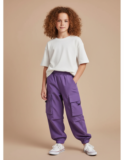 Pantalon Cargo Violet Ample Fille Décontracté Poches - Polyester