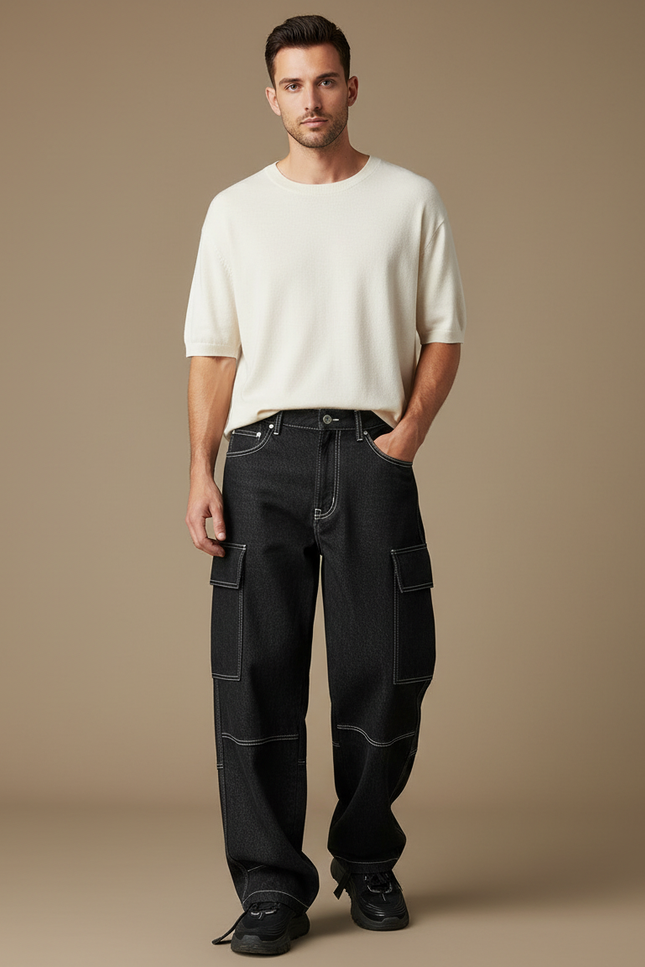 Pantalon Cargo Noir Denim Ample Coutures Blanches Homme - Jean