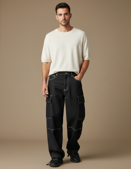 Pantalon Cargo Noir Denim Ample Coutures Blanches Homme - Jean