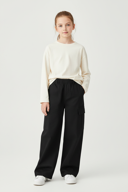Pantalon Cargo Noir Ample Enfant Décontracté Multi-poches - Toile
