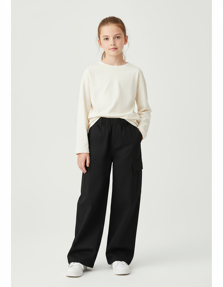 Pantalon Cargo Noir Ample Enfant Décontracté Multi-poches - Toile