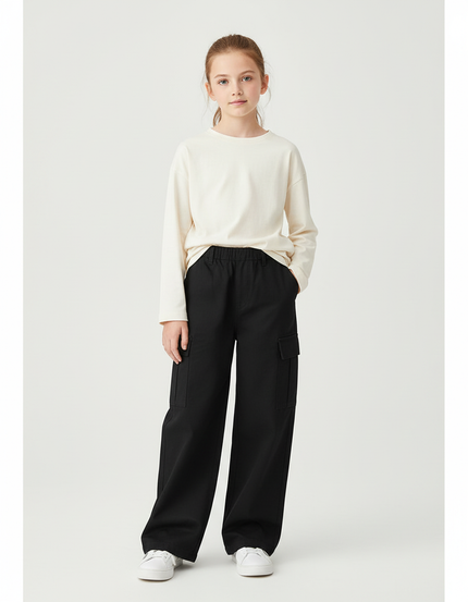 Pantalon Cargo Noir Ample Enfant Décontracté Multi-poches - Toile