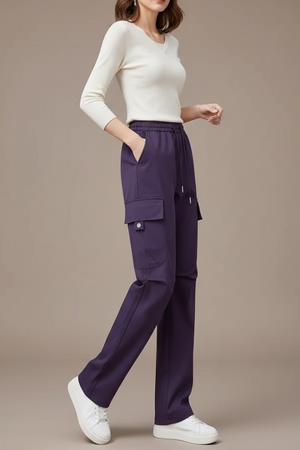 Pantalon Cargo Violet Ample Fluide Multi-Poches Femme - Polyester