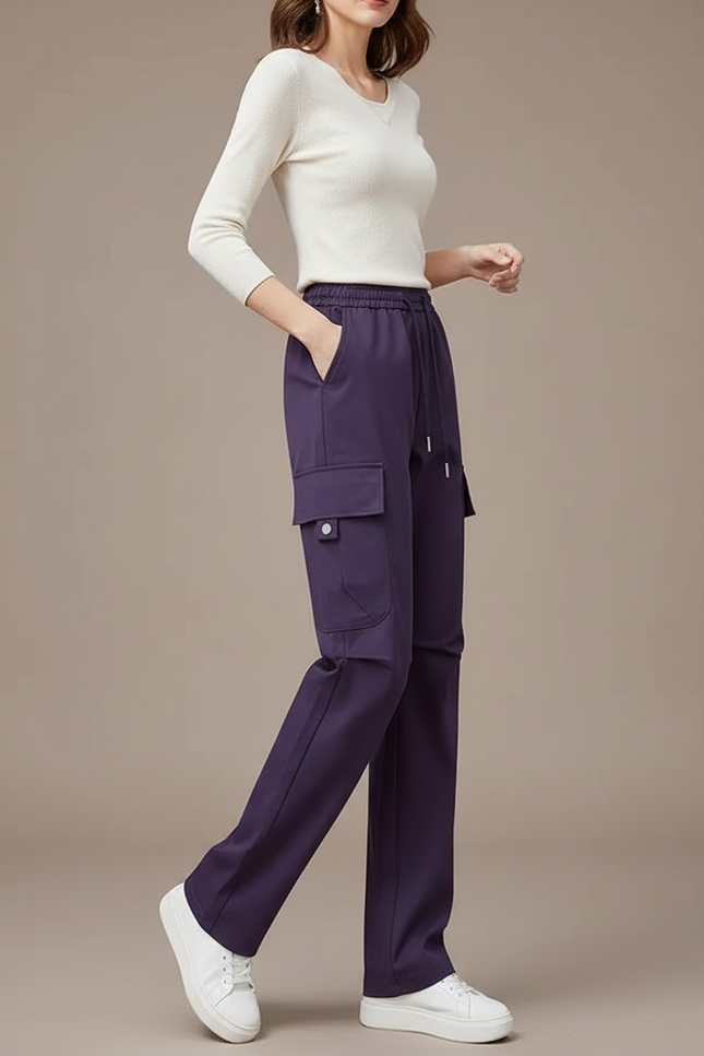 Pantalon Cargo Violet Ample Fluide Multi-Poches Femme - Polyester