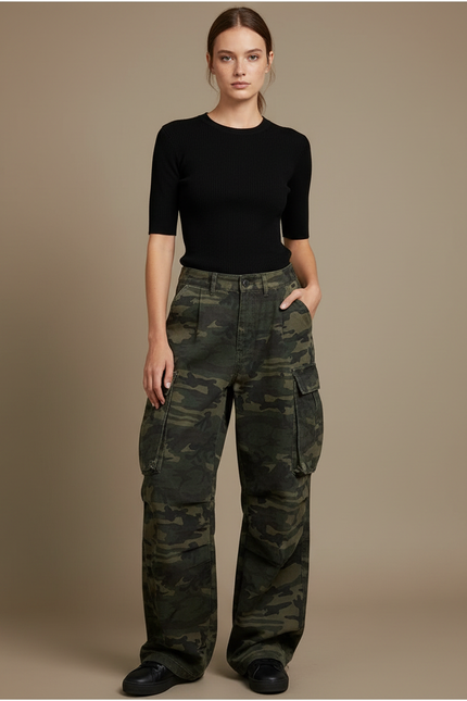 Pantalon Cargo Camouflage Ample Vert Femme Y2K - Toile