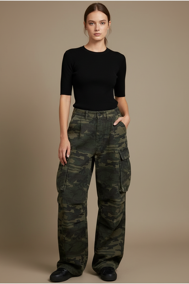 Pantalon Cargo Camouflage Ample Vert Femme Y2K - Toile