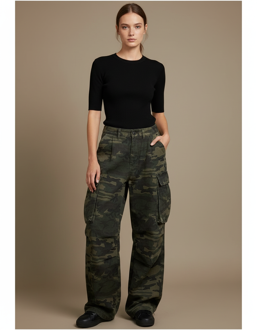 Pantalon Cargo Camouflage Ample Vert Femme Y2K - Toile