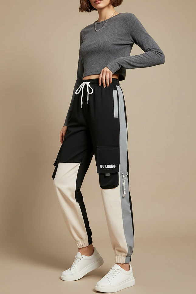 Pantalon Cargo Noir Décontracté Bicolore Multipoches Femme - Multicolore Polyester