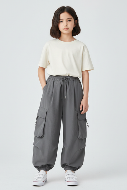 Pantalon Cargo Gris Ample Multipoches Enfant - Polyester