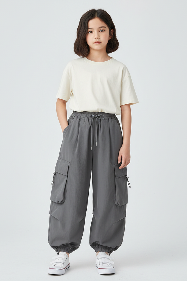 Pantalon Cargo Gris Ample Multipoches Enfant - Polyester