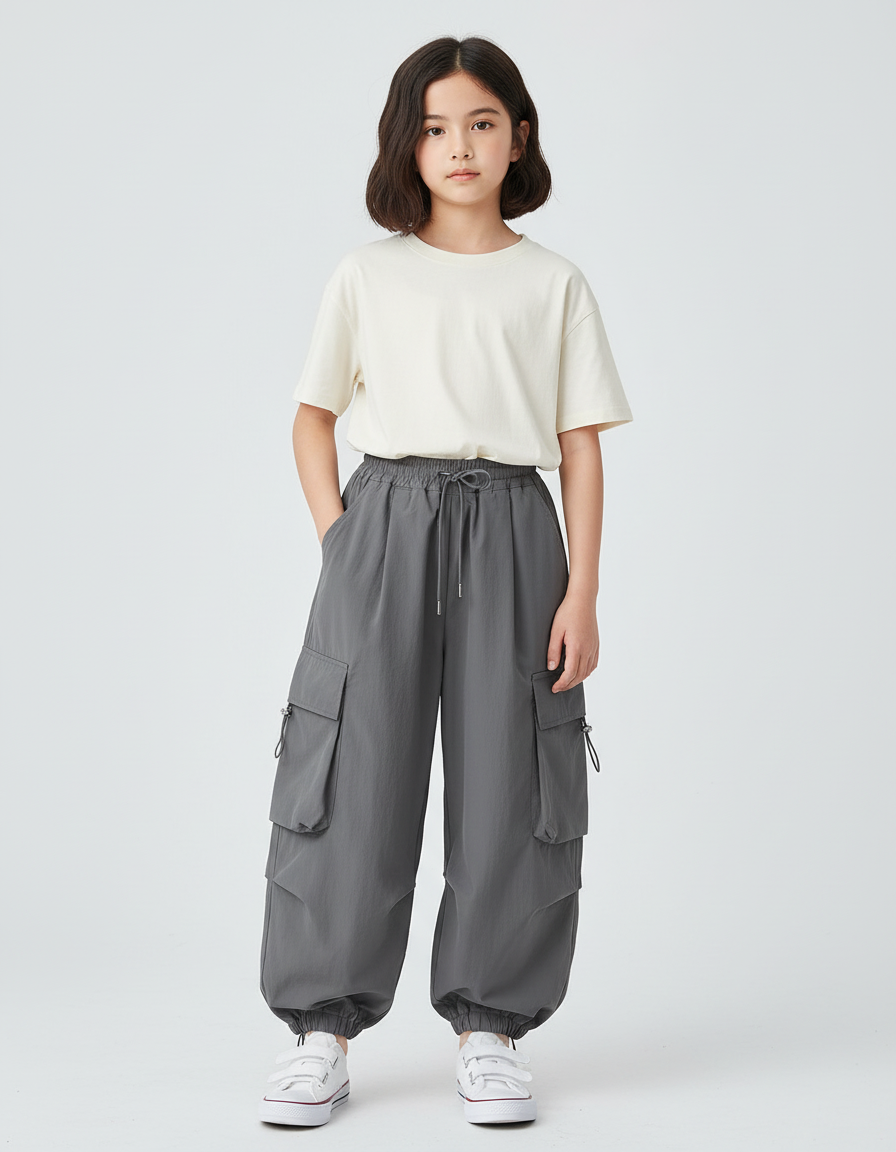 Pantalon Cargo Gris Ample Multipoches Enfant - Polyester