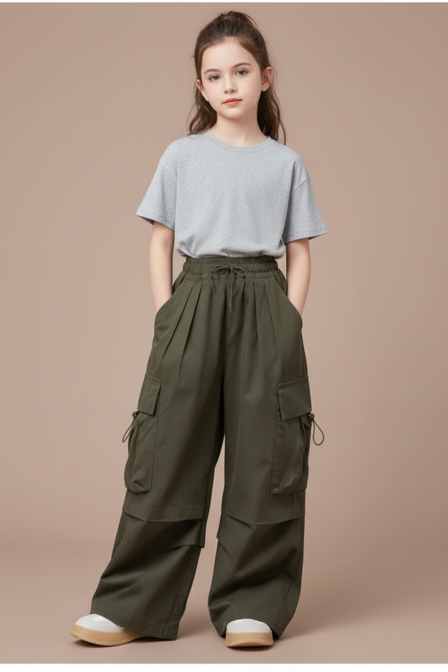 Pantalon Cargo Vert Ample Taille Haute Fille - Kaki Toile