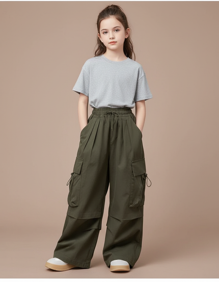 Pantalon Cargo Vert Ample Taille Haute Fille - Kaki Toile
