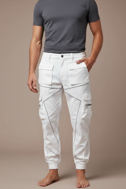 Pantalon Cargo Blanc Coupe Droite Multipoches Réfléchissant - Polyester