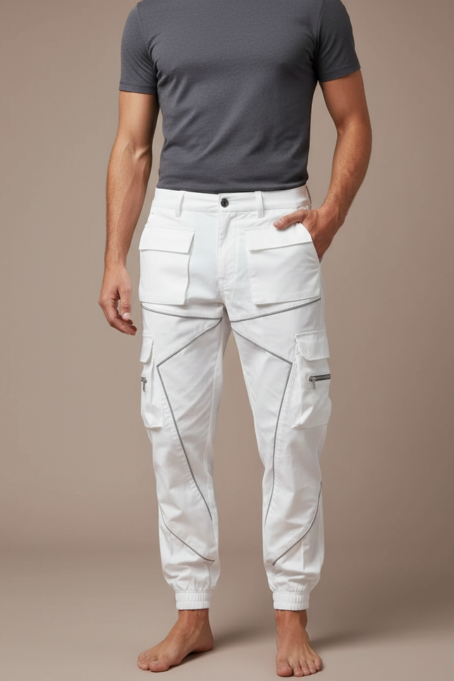 Pantalon Cargo Blanc Coupe Droite Multipoches Réfléchissant - Polyester