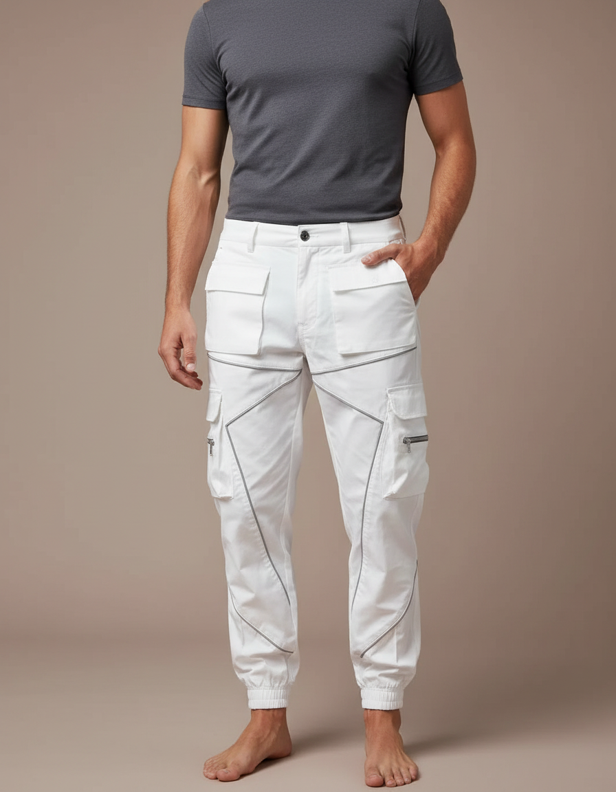 Pantalon Cargo Blanc Coupe Droite Multipoches Réfléchissant - Polyester
