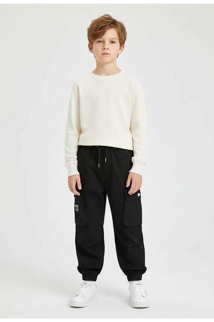 Pantalon Cargo Noir Décontracté Multipoches Garçon - Polyester