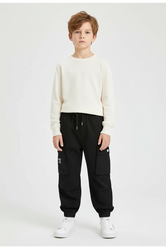 Pantalon Cargo Noir Décontracté Multipoches Garçon - Polyester