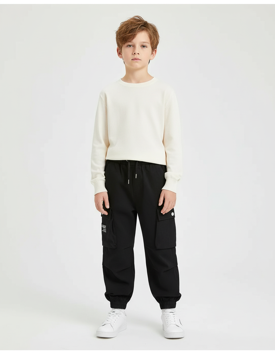 Pantalon Cargo Noir Décontracté Multipoches Garçon - Polyester