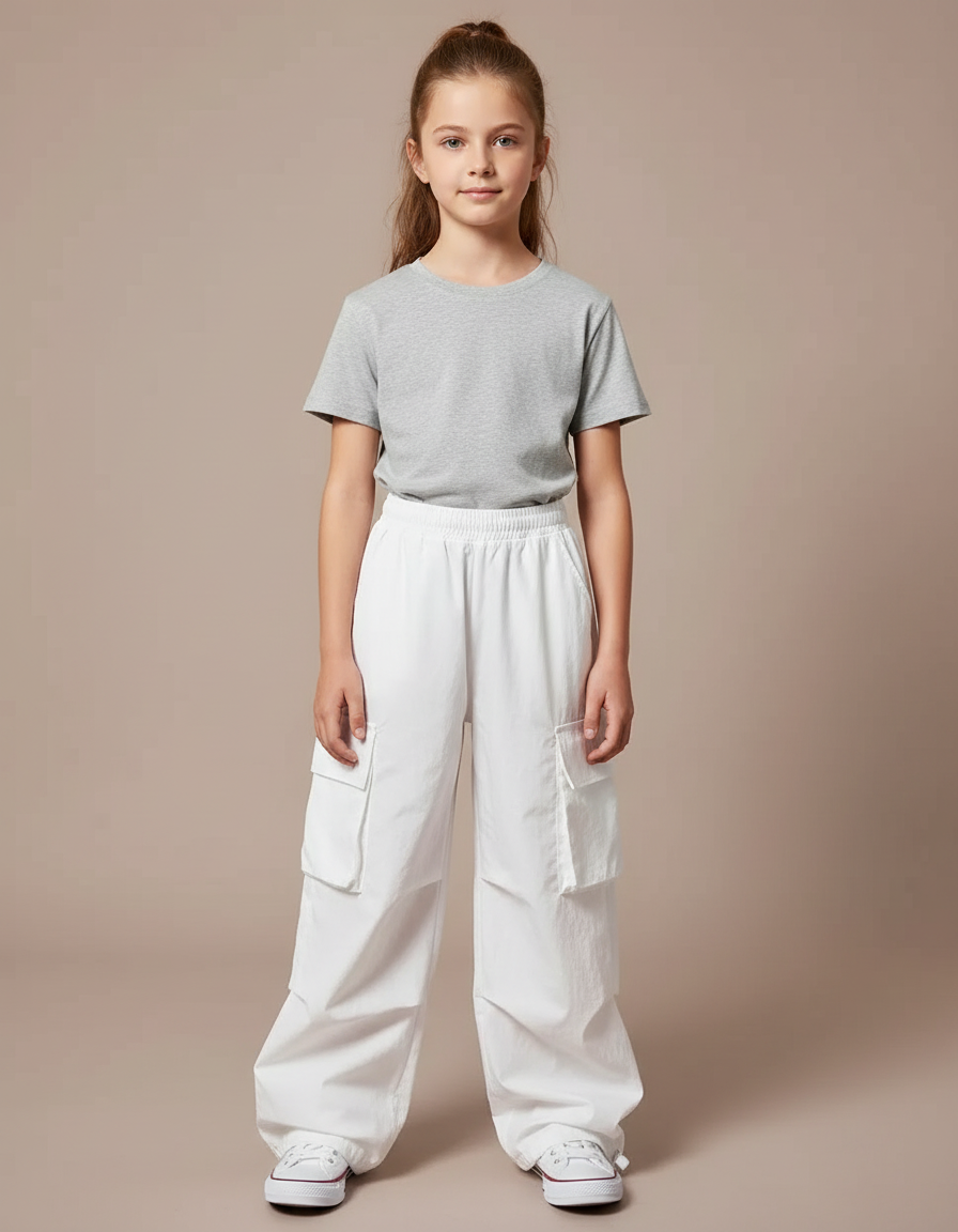 Pantalon Cargo Blanc Ample Décontracté Enfant - Toile