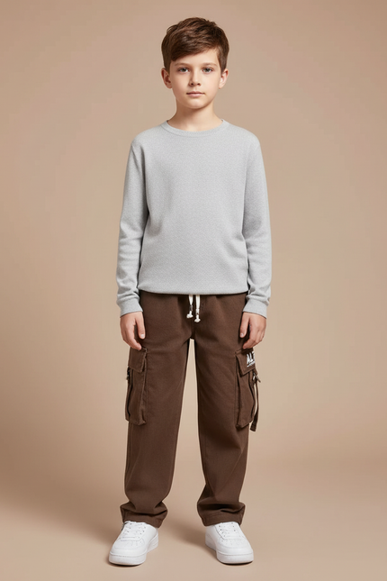 Pantalon Cargo Marron Ample Molletonné Multipoches Enfant