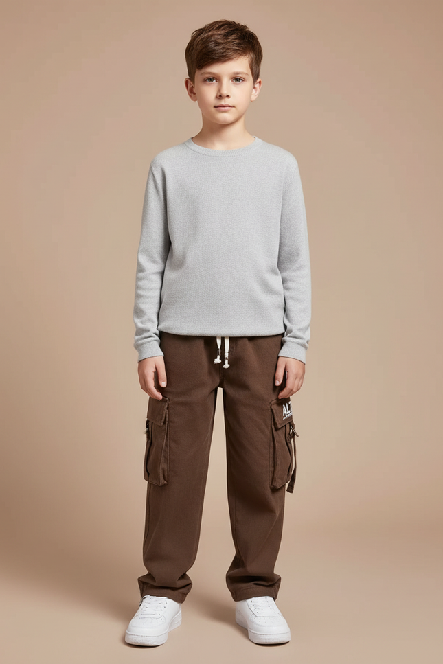 Pantalon Cargo Marron Ample Molletonné Multipoches Enfant