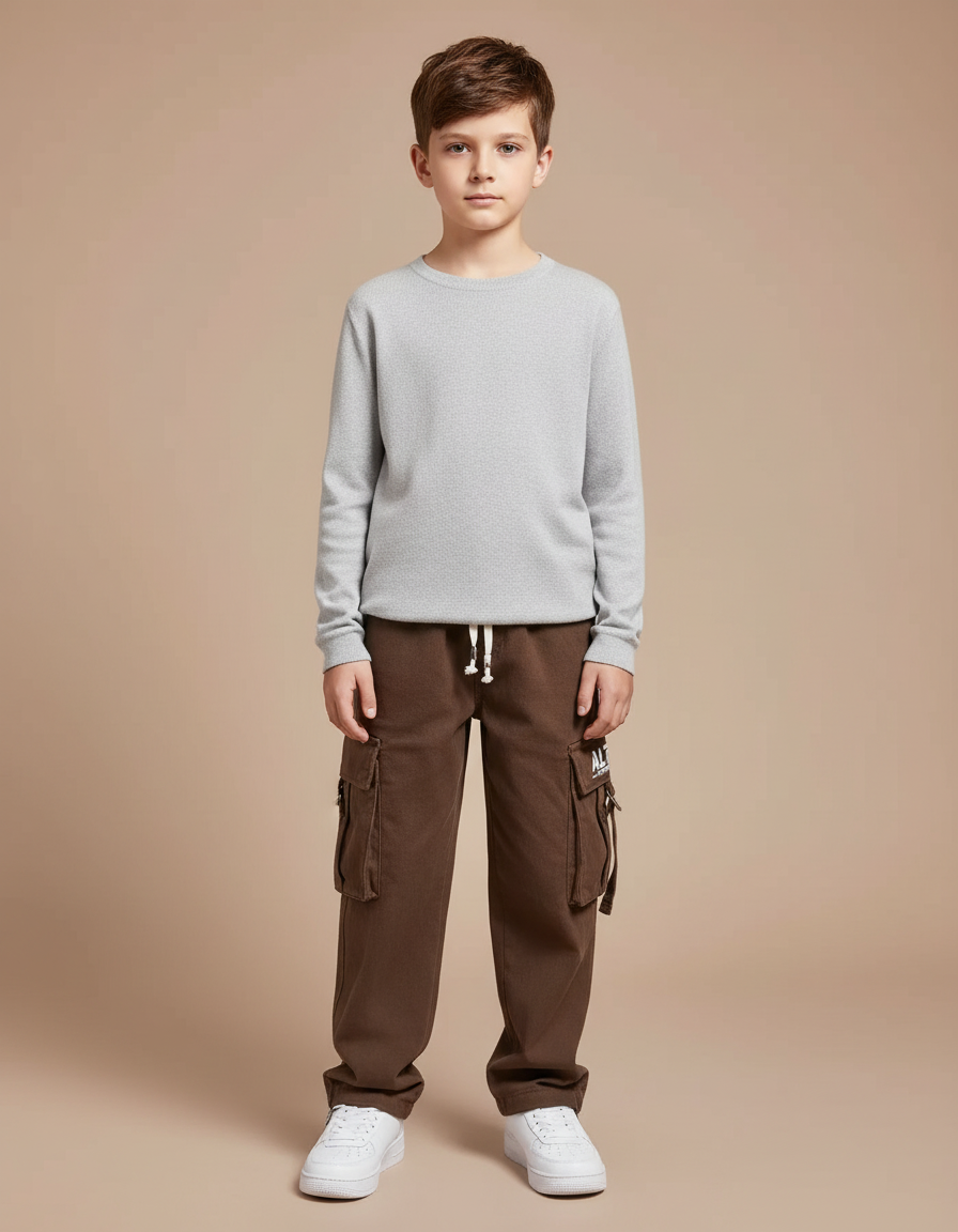 Pantalon Cargo Marron Ample Molletonné Multipoches Enfant