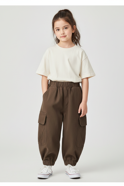 Pantalon Cargo Marron Ample Coton Enfant - Gabardine