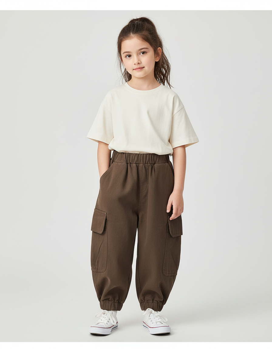 Pantalon Cargo Marron Ample Coton Enfant - Gabardine