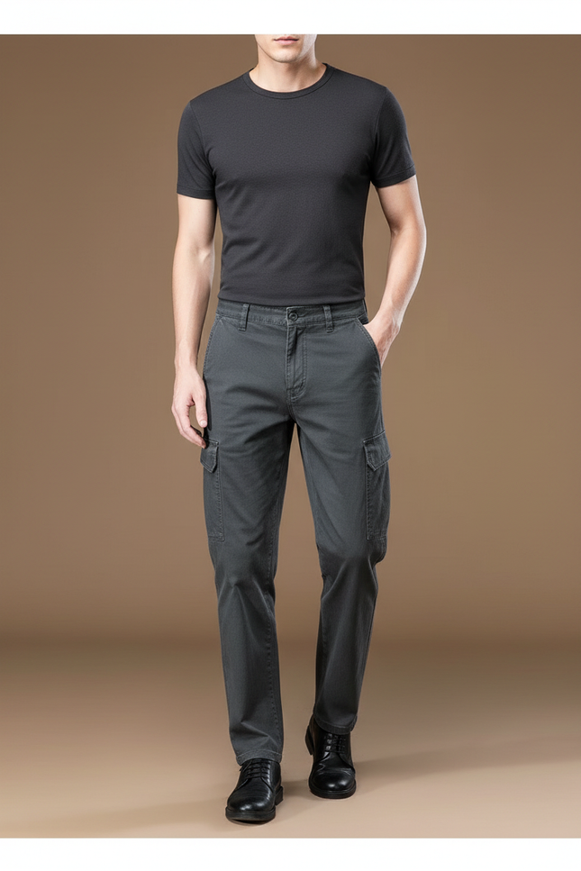 Pantalon Cargo Gris Coton Multipoches Homme Décontracté