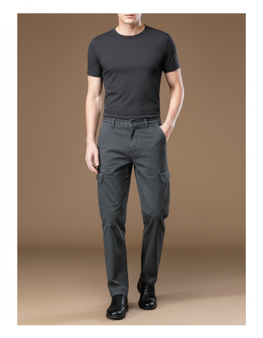 Pantalon Cargo Gris Coton Multipoches Homme Décontracté