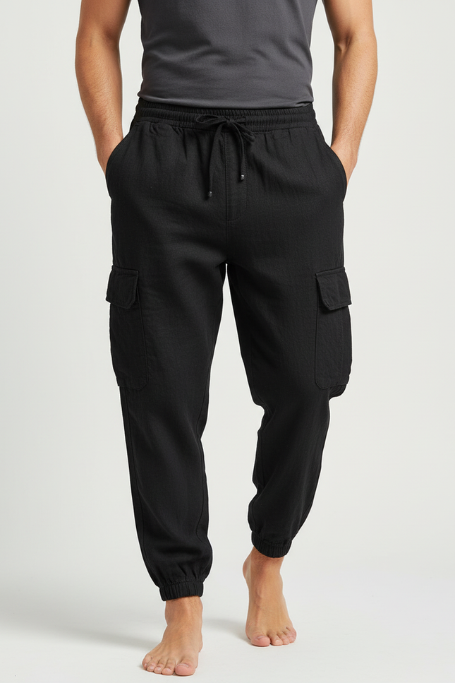 Pantalon Cargo Noir Coton Lin Multipoches Homme