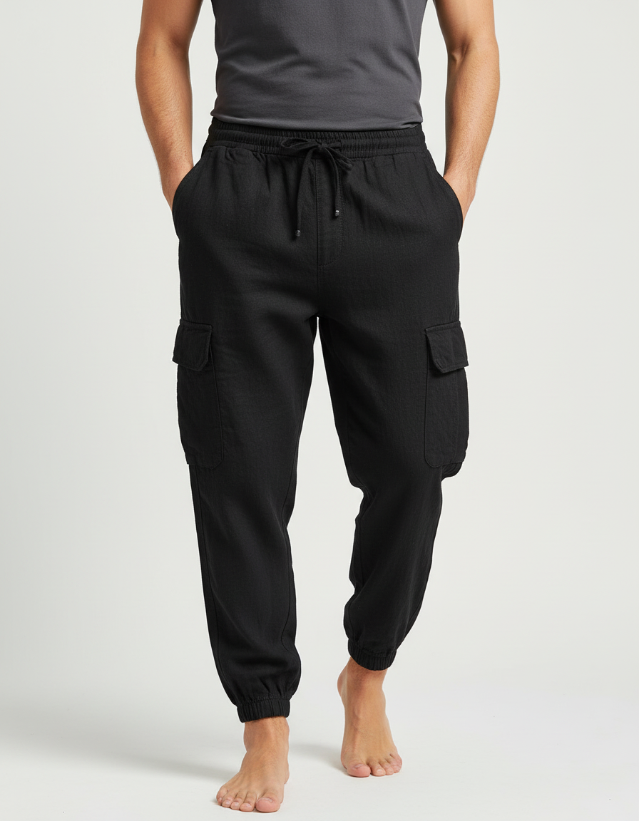 Pantalon Cargo Noir Coton Lin Multipoches Homme
