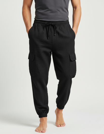 Pantalon Cargo Noir Coton Lin Multipoches Homme