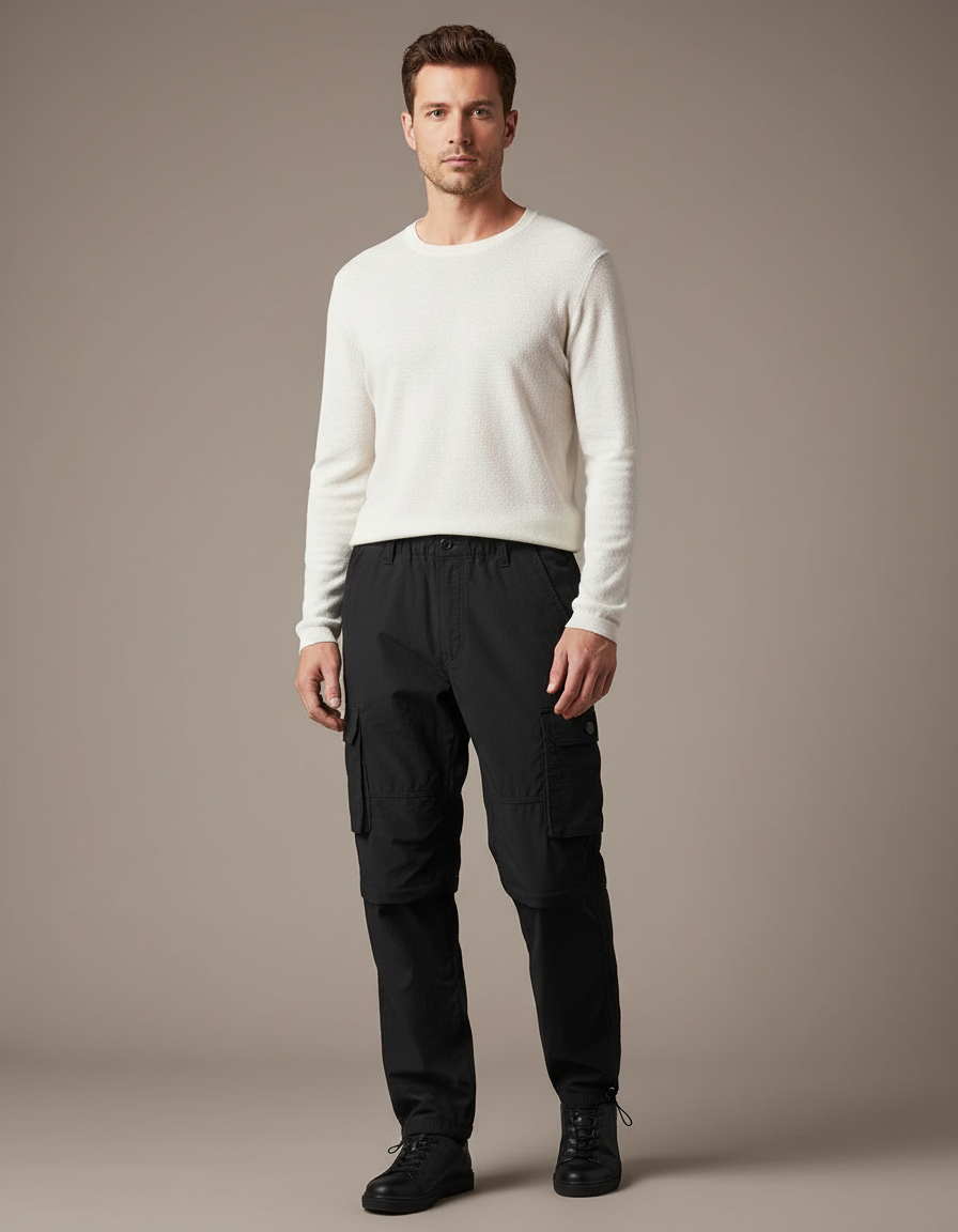 Pantalon Cargo Noir Décontracté Multipoches Zippé Homme - Toile