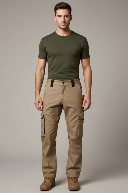 Pantalon Cargo Homme Beige Droit Multi-Poches Coton