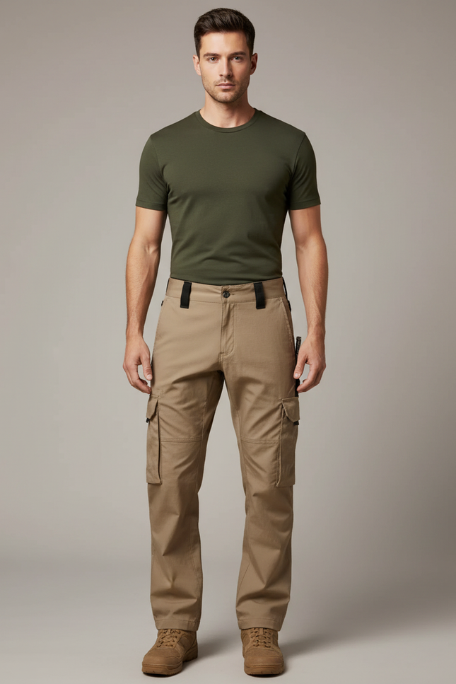 Pantalon Cargo Homme Beige Droit Multi-Poches Coton