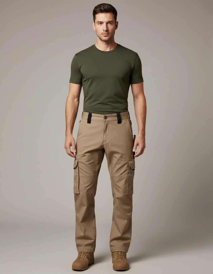 Pantalon Cargo Homme Beige Droit Multi-Poches Coton