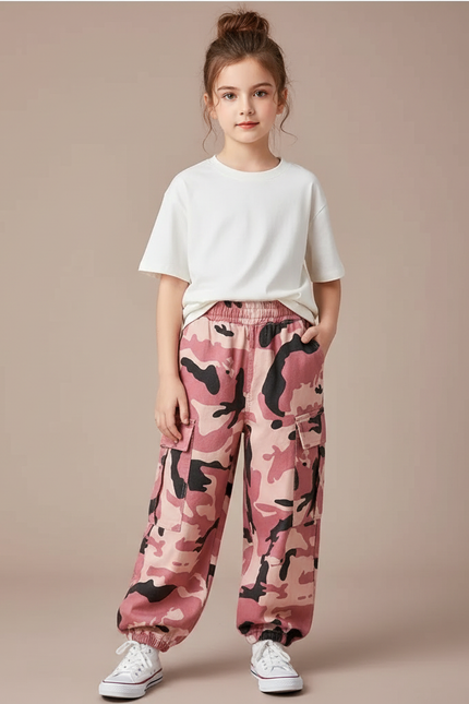 Pantalon Cargo Camouflage Rose Ample Enfant - Toile