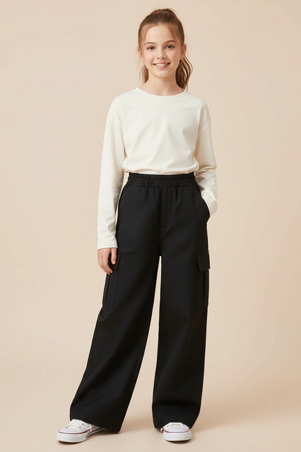 Pantalon Cargo Noir Ample Large Taille Élastique - Gabardine