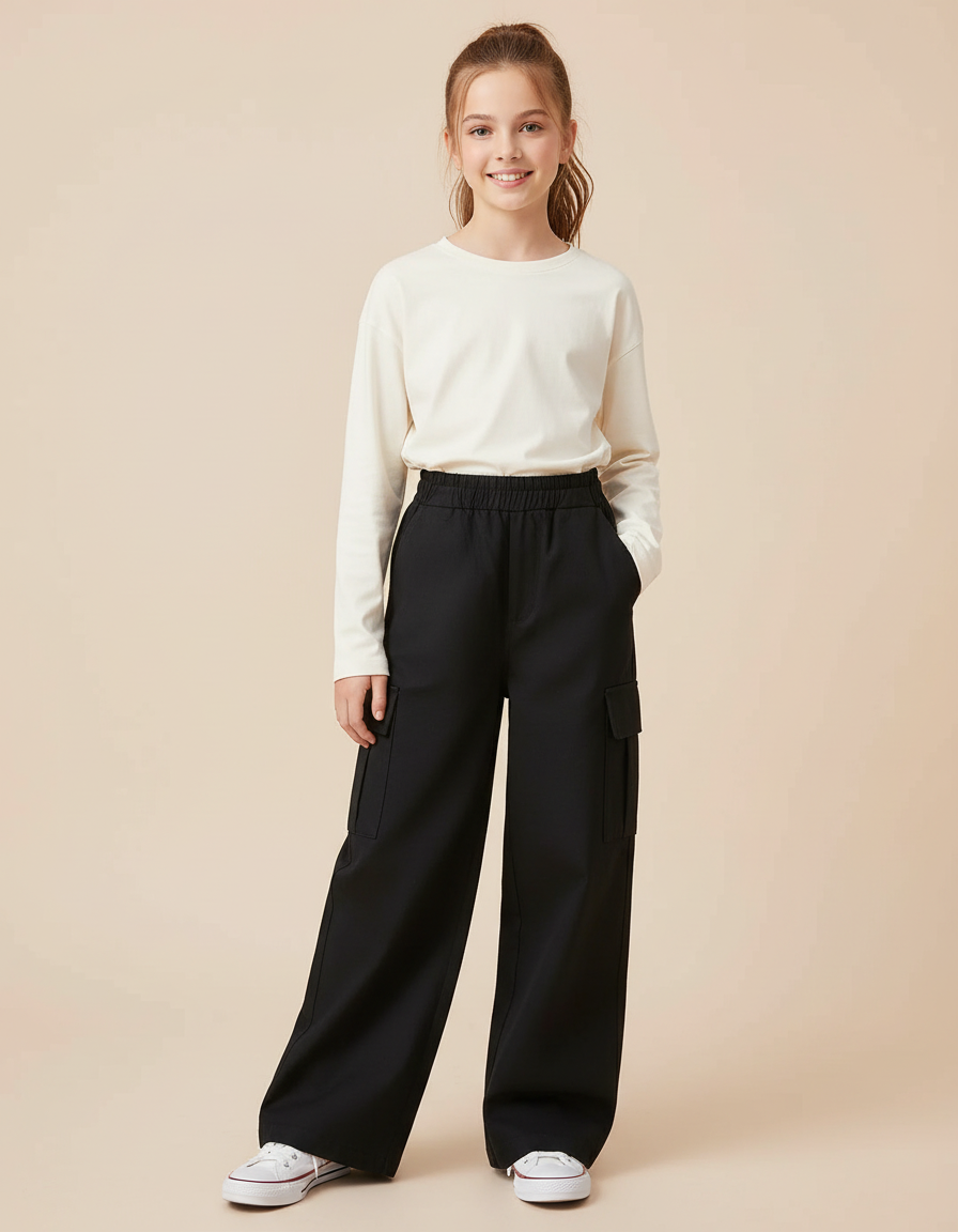 Pantalon Cargo Noir Ample Large Taille Élastique - Gabardine