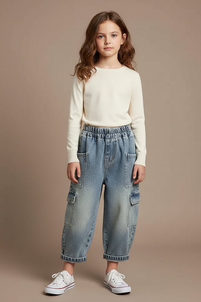 Pantalon Cargo Jean Ample Délavé Enfant - Bleu