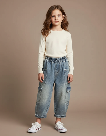 Pantalon Cargo Jean Ample Délavé Enfant - Bleu