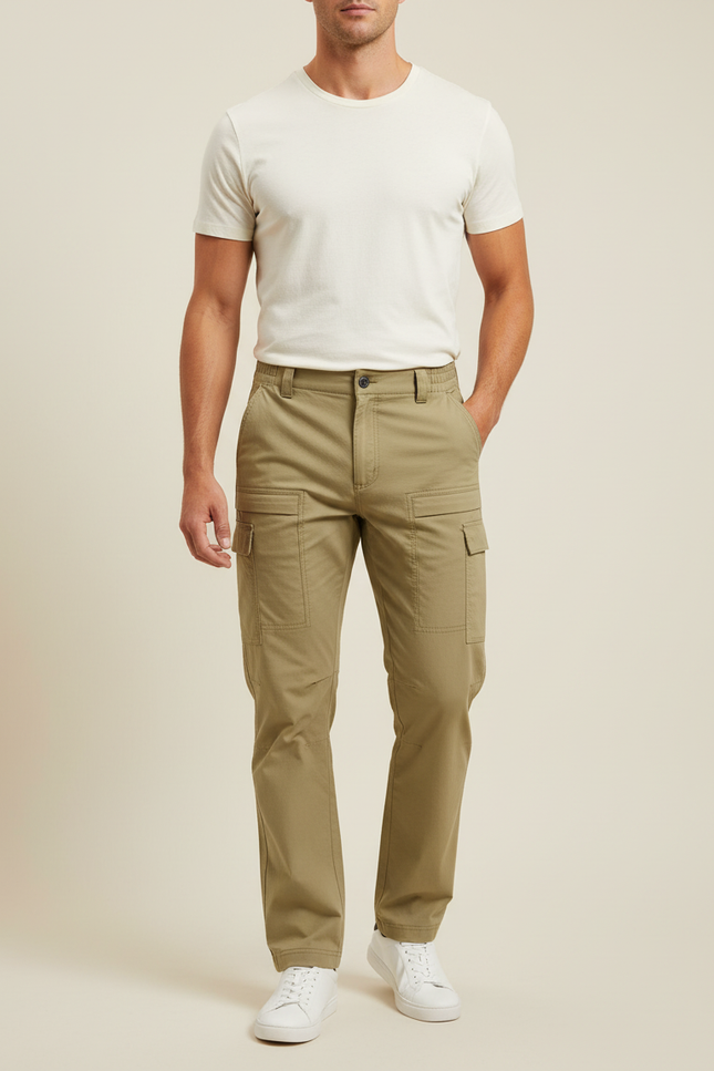 Pantalon Cargo Kaki Homme Coupe Droite Décontracté Coton - Toile